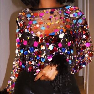 Sequin Embellished Sheer Top Plus Size Black Feather Cuff, Disco Party Top (New)